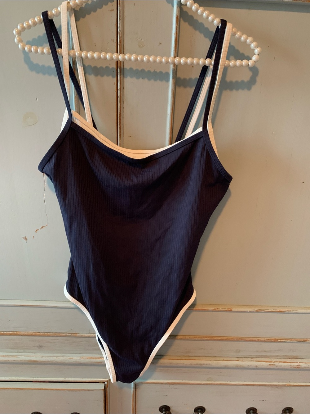 Navy Blue 1-Piece Swimsuit with White Trim Size XL
